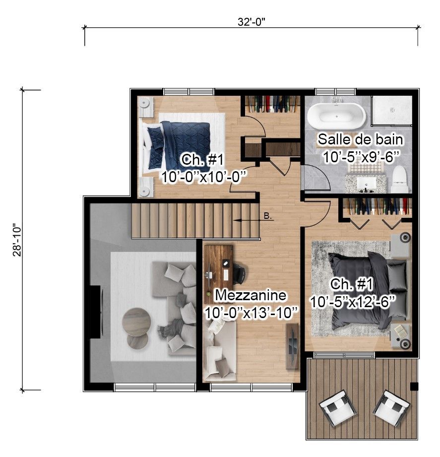 Un plan d'étage d'une maison avec une chambre, un salon et une salle de bain.