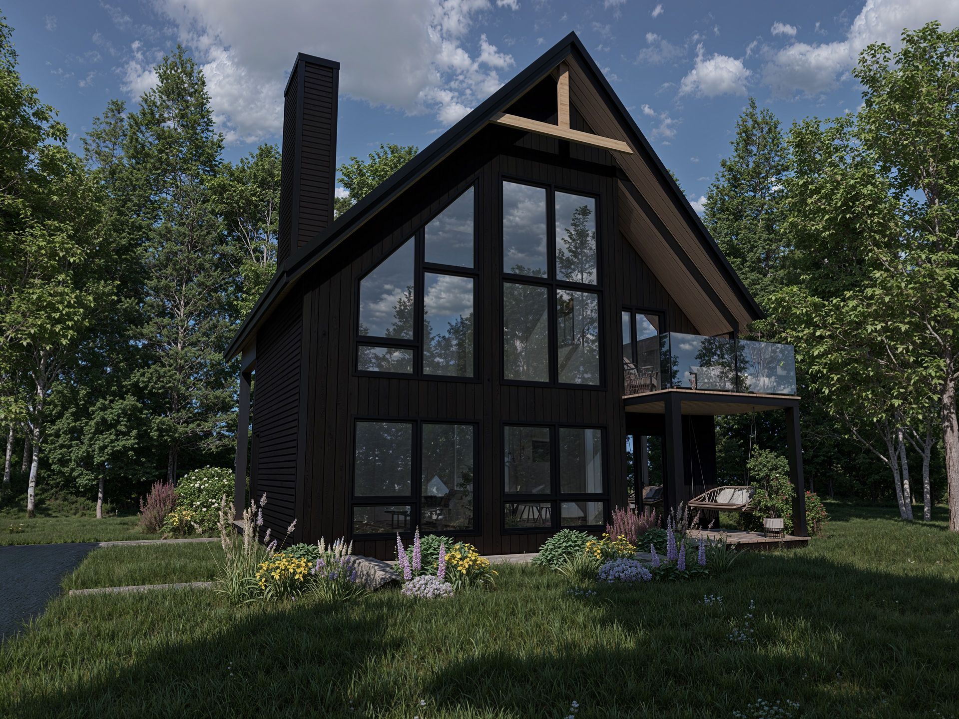 Une maison noire avec beaucoup de fenêtres est entourée d'arbres.