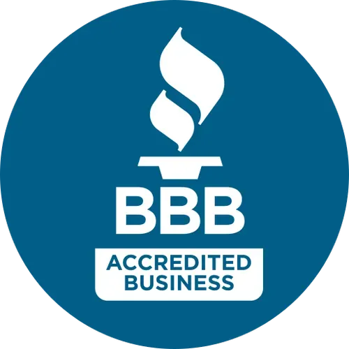 BBB Accredited Business logo: Blue circle with white flame and text "BBB Accredited Business."