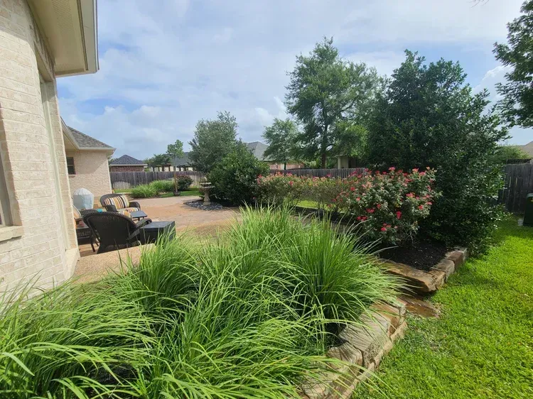 A backyard patio with greenery and plants, a brick wall and a sunny sky.