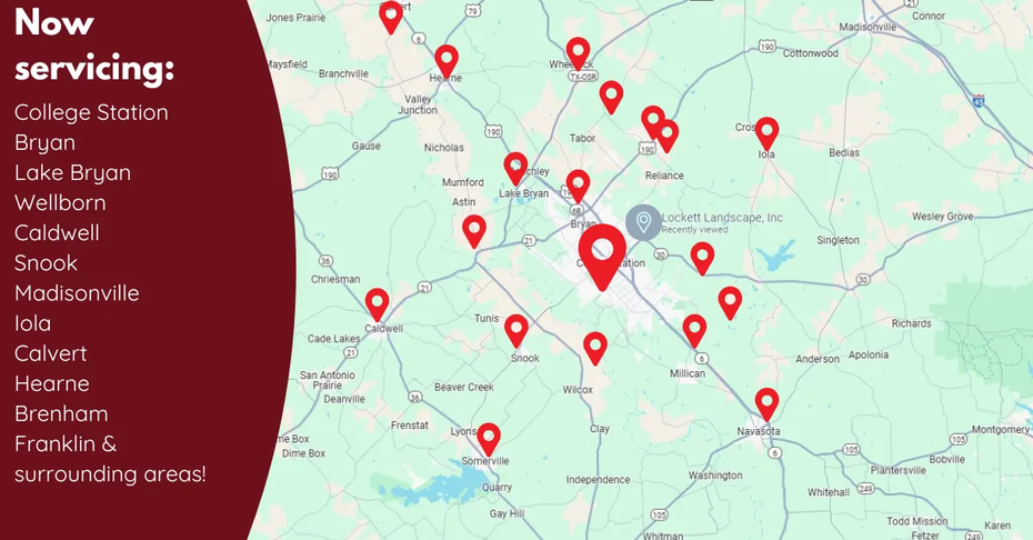 Map of a region with red location markers. Text lists areas like College Station and Bryan.