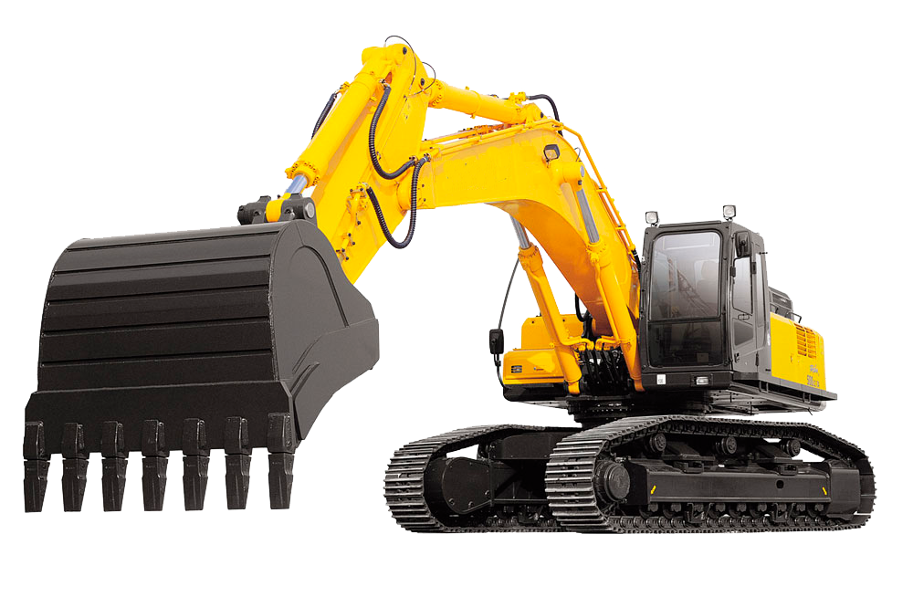 A yellow excavator with a black bucket on a white background.