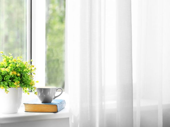 Window sill with a book, teacup, and potted plant, covered by a window shade