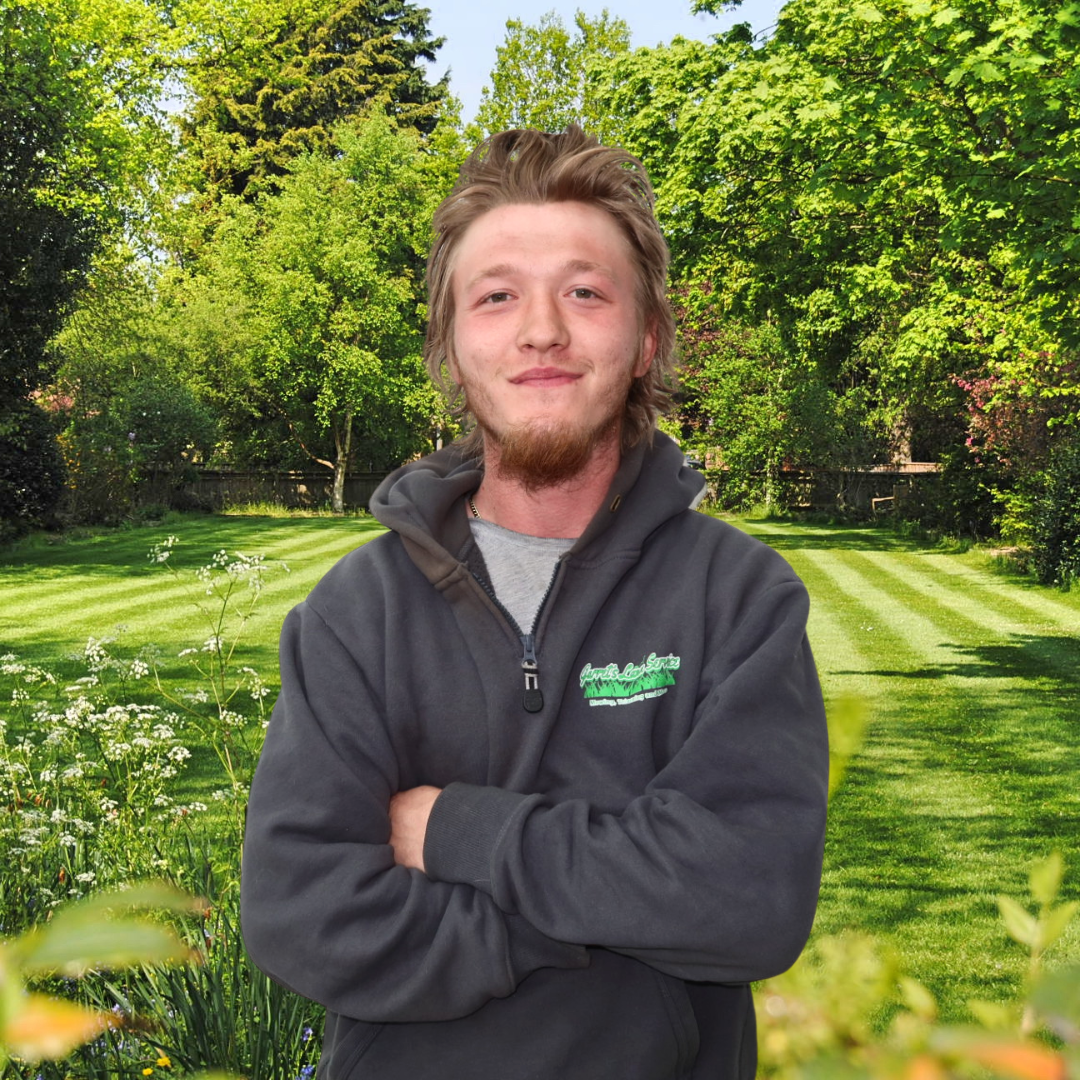 A man in a black sweatshirt is standing in front of a lush green field.