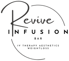Logo for Revive Infusion Bar, offering IV therapy, aesthetics, and weight loss services in elegant black text.