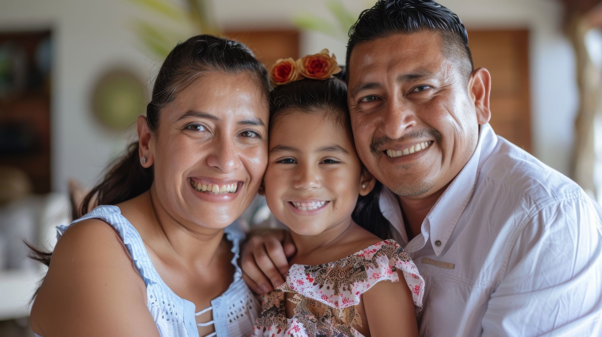 A man and woman are holding a little girl and smiling for the camera.