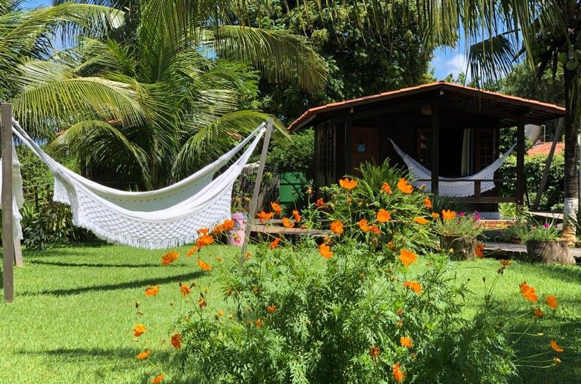 Uma rede está pendurada na grama em frente a uma pequena casa.