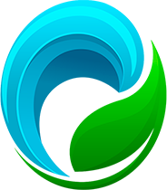 Um círculo azul e verde com duas folhas dentro dele.