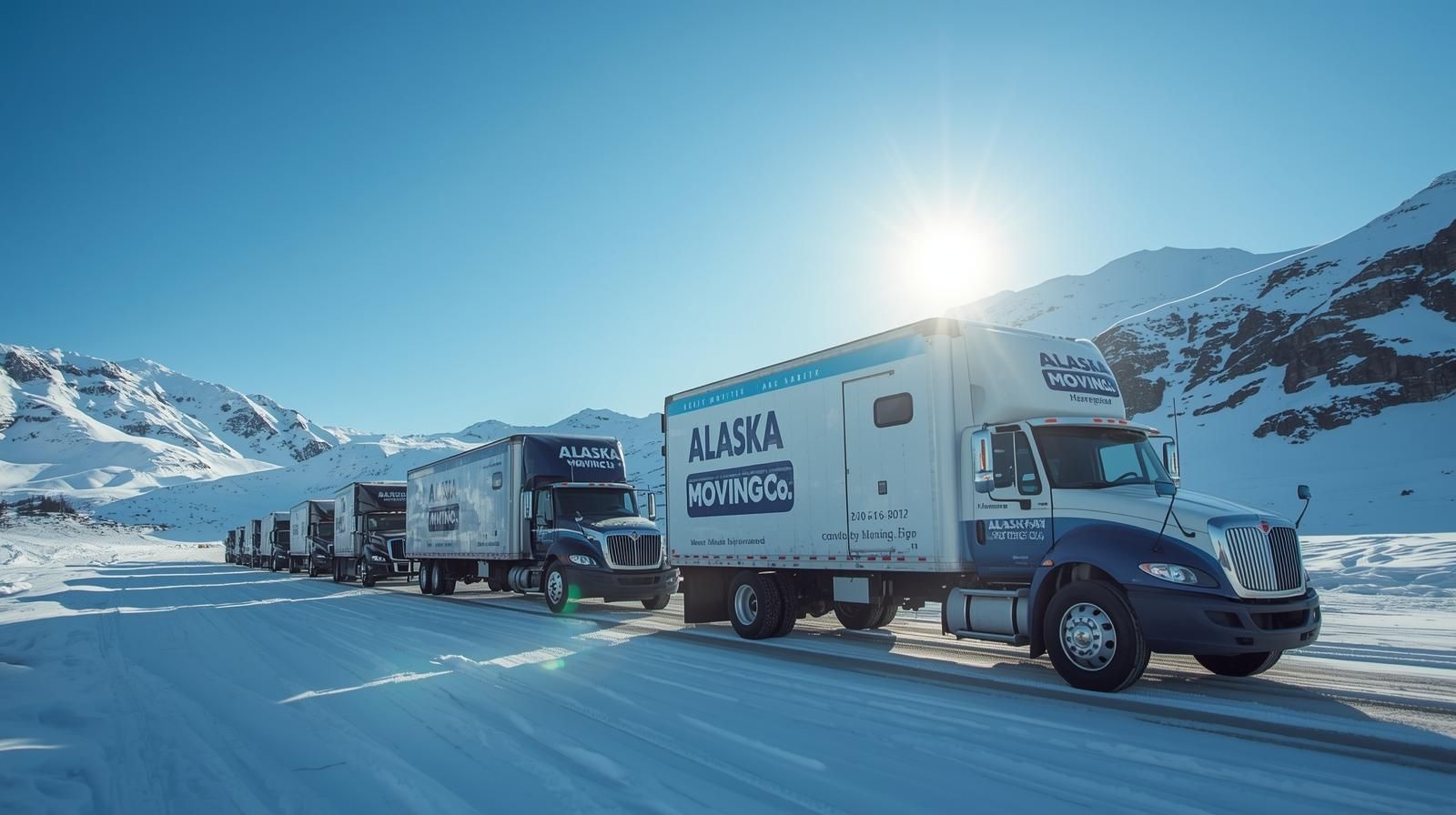 Moving trucks driving through snowy mountains in Alaska.