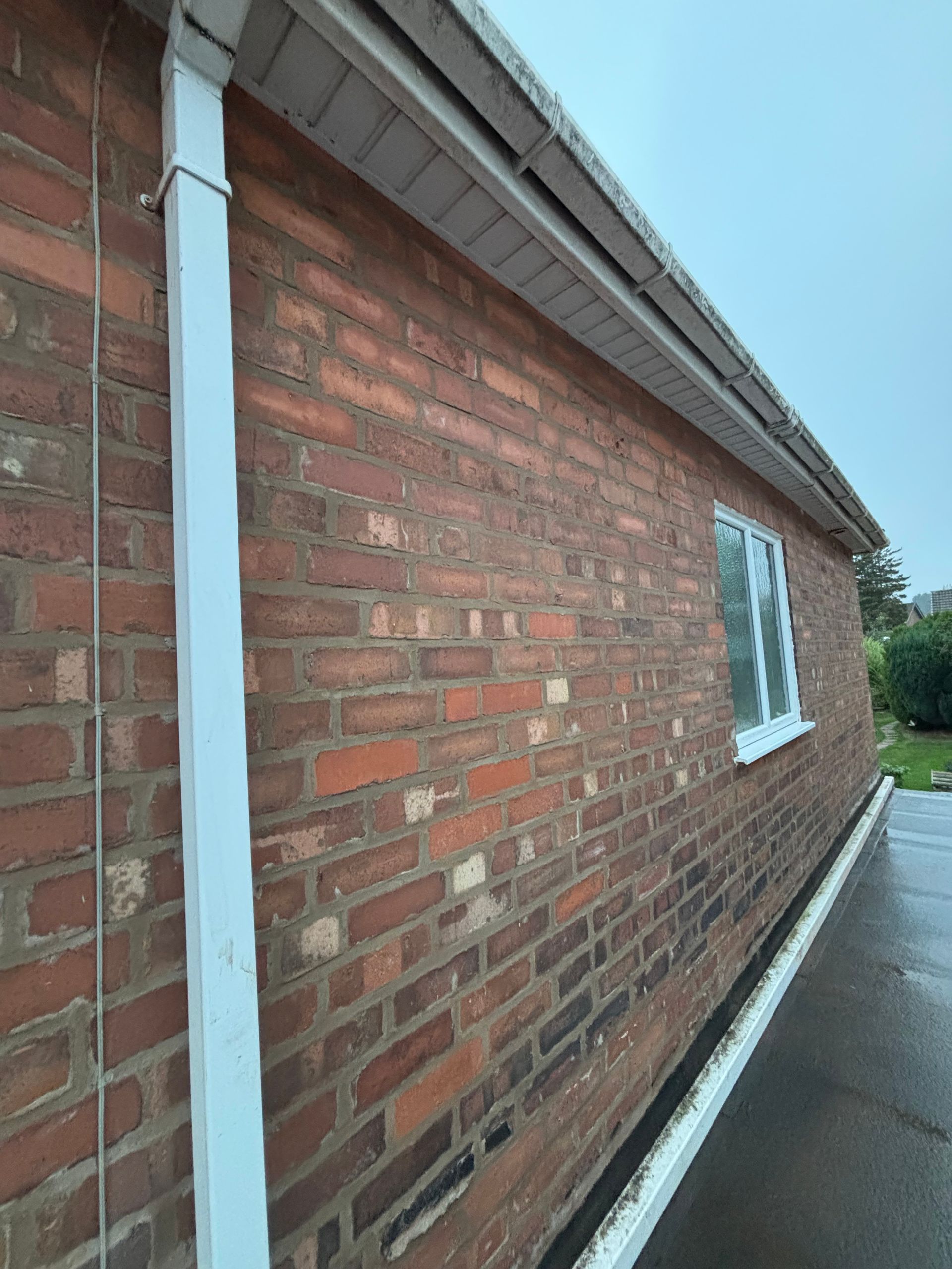 Brick building exterior with white trim, gutters, and a window.