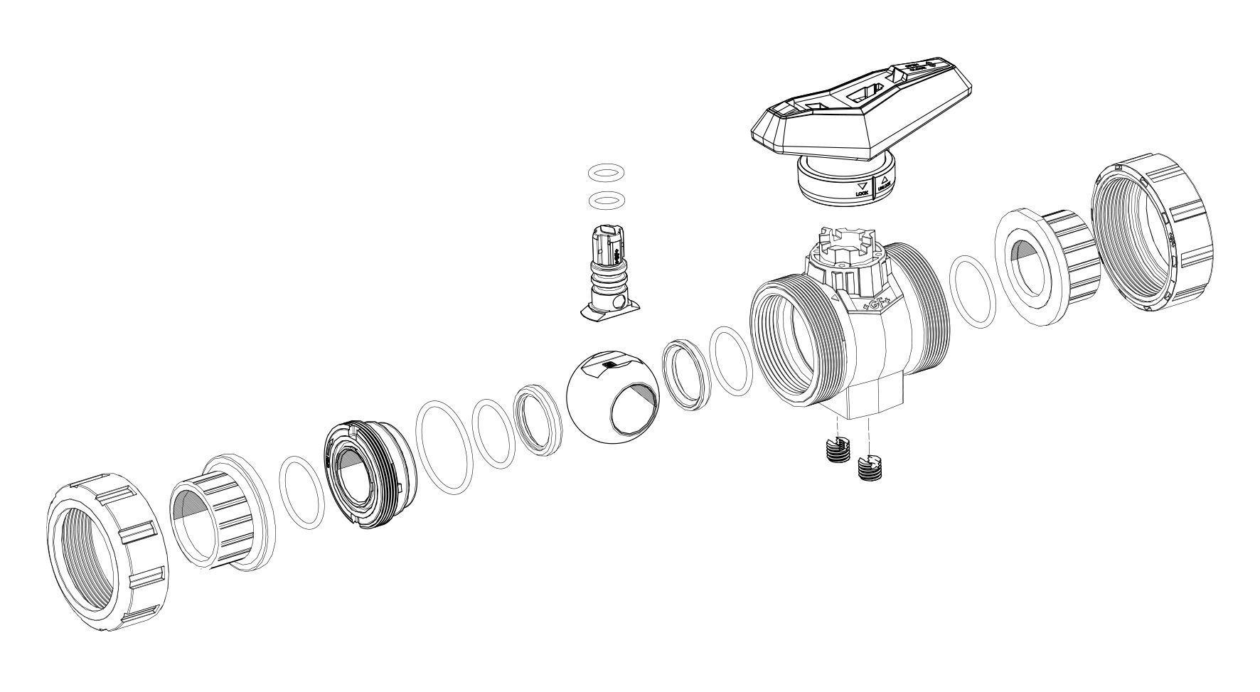 Exploded diagram of a plastic double union ball valve for pressure pipe systems