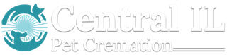 Logo for Central IL Pet Cremation, teal circle with a cat, dog, and sun design. 