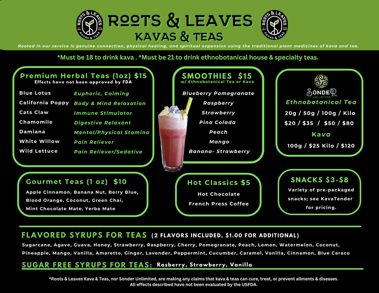 A menu for roots & leaves kava and teas