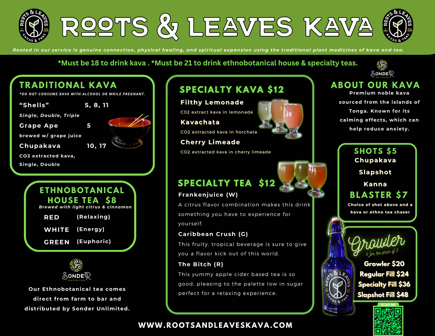 A menu for roots & leaves kava and teas