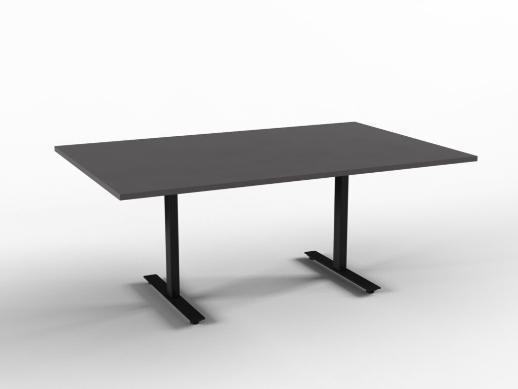 Grått rektangulært bord med svarte ben, plassert mot en hvit bakgrunn.