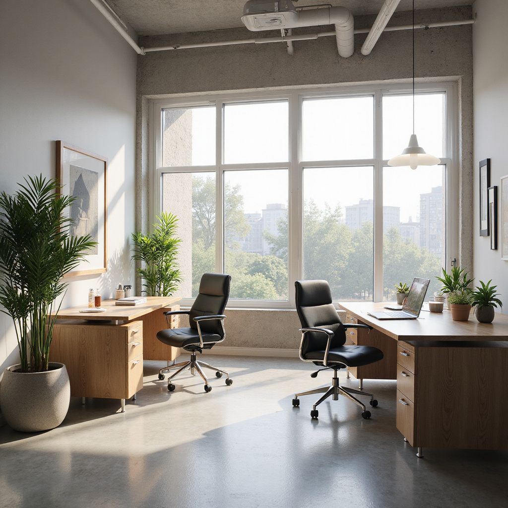 Kontor med skrivebord, stoler, stort vindu, potteplanter og betonggulv.