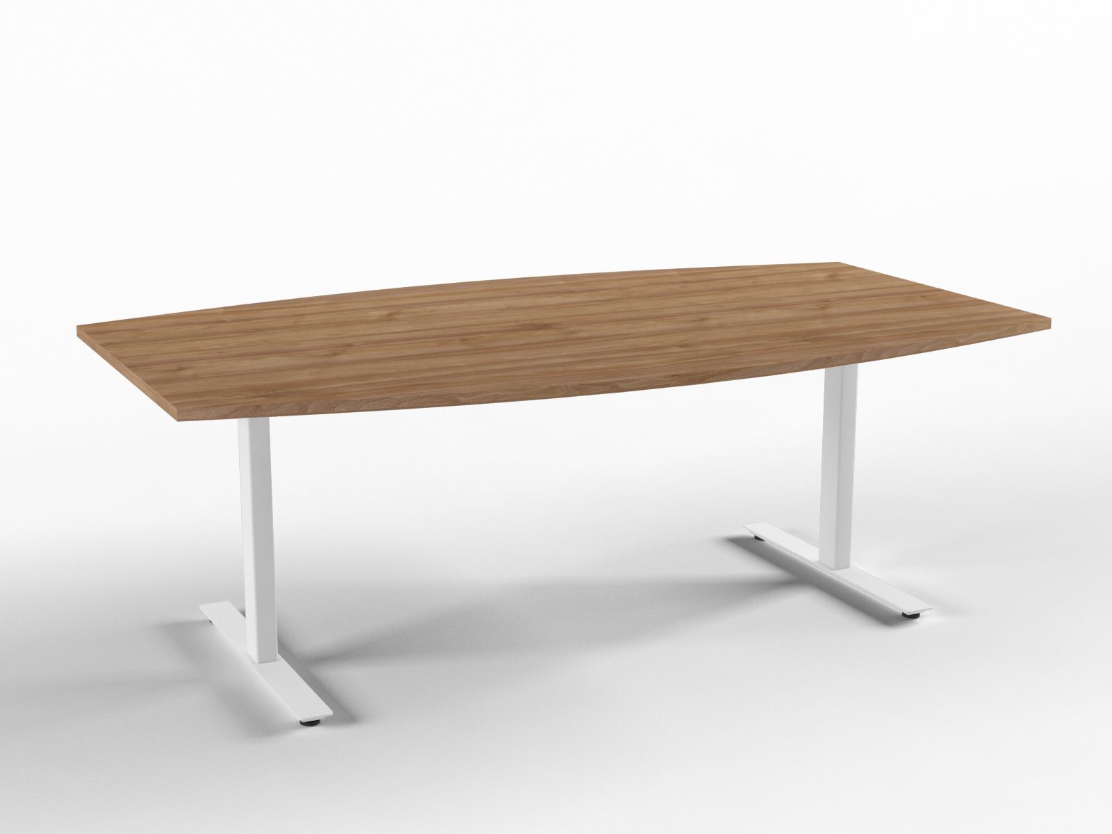 Treskrivebord med buede kanter på hvite justerbare ben.