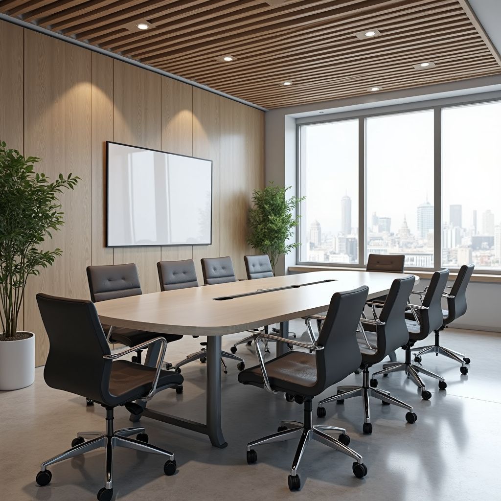 Konferanserom med langt bord, skinnstoler, planter, store vinduer med utsikt over byen og lyse trepaneler.