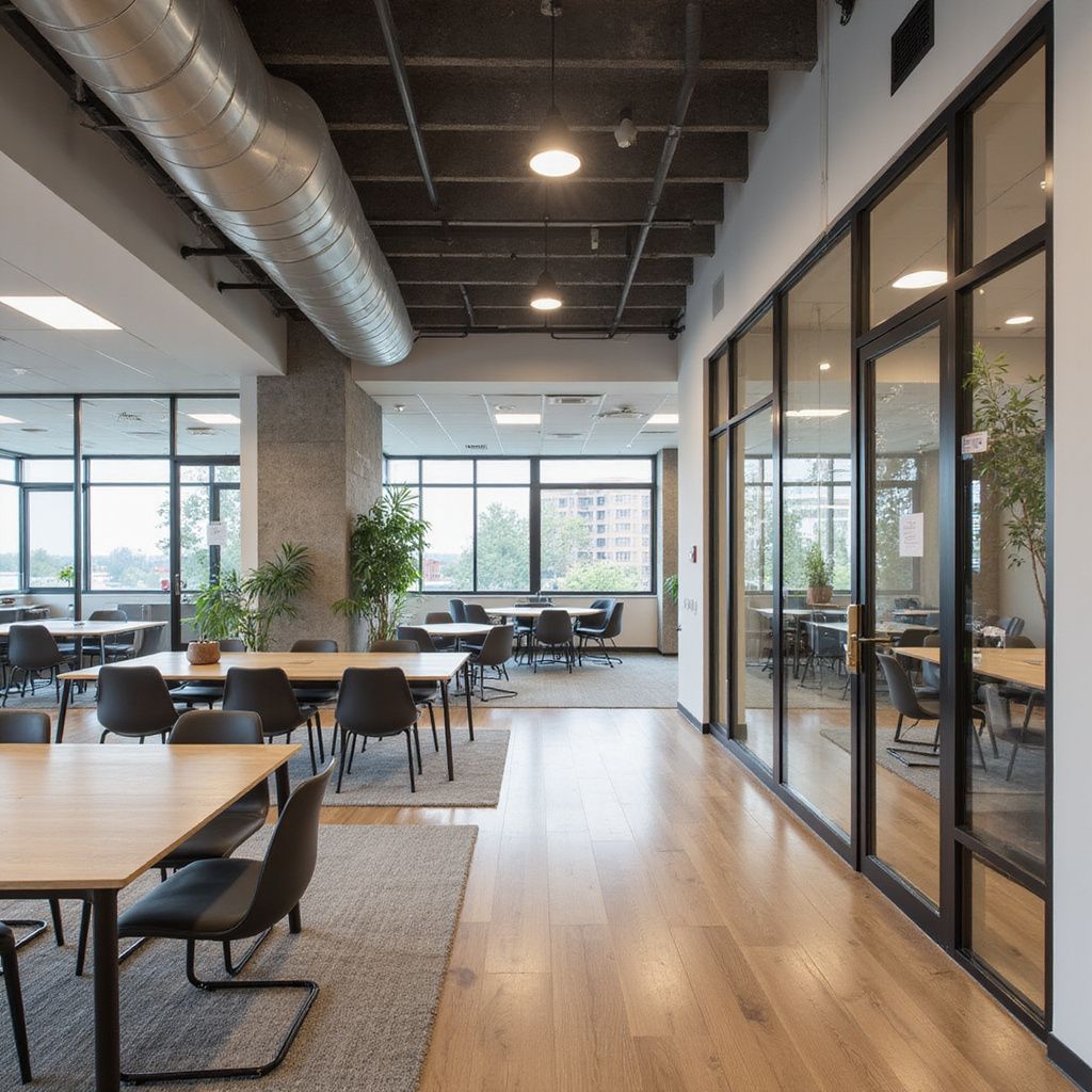 Moderne kontorlokaler med bord, stoler, vinduer, rom med glassvegger og tregulv.