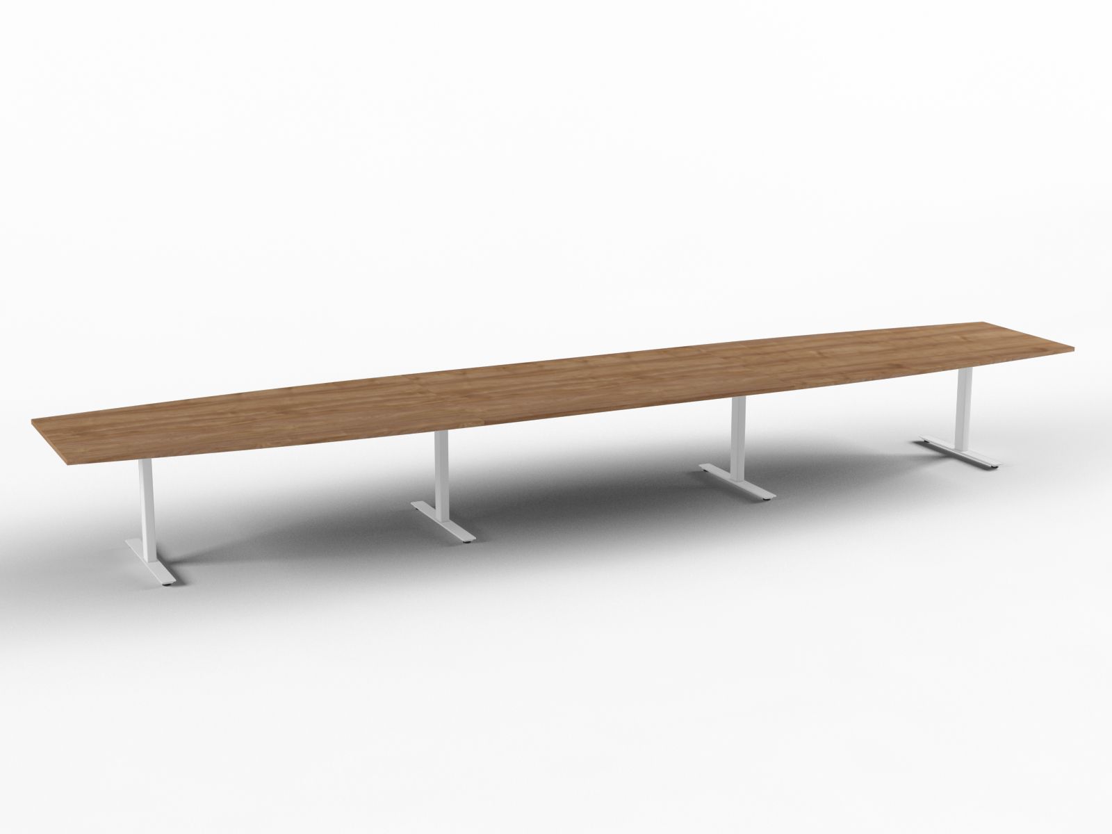 Langt rektangulært brunt bord med hvite ben, plassert mot en hvit bakgrunn.
