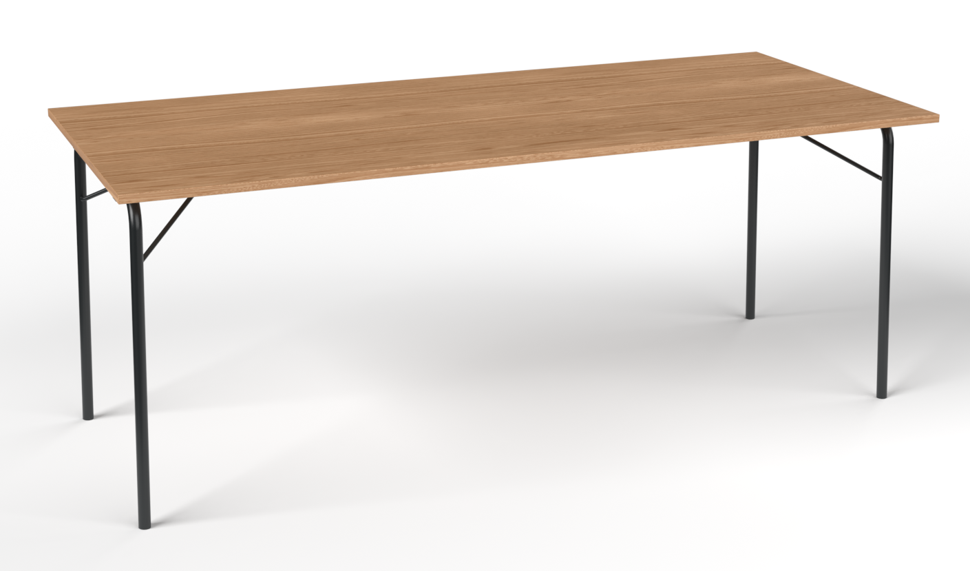 Brunt rektangulært klappbord med svarte metallben på hvit bakgrunn.