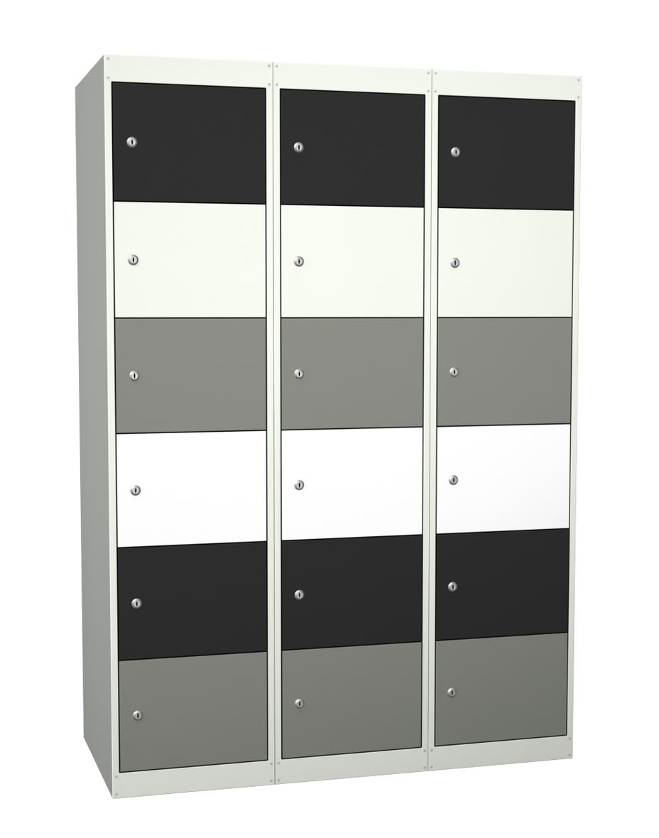 Tresøyles garderobeskap med dører i svart, hvitt og grått.