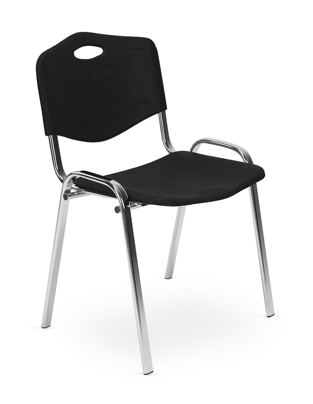 Svart og sølvfarget kontorstol. Ryggstøtte med hull til håndtak.