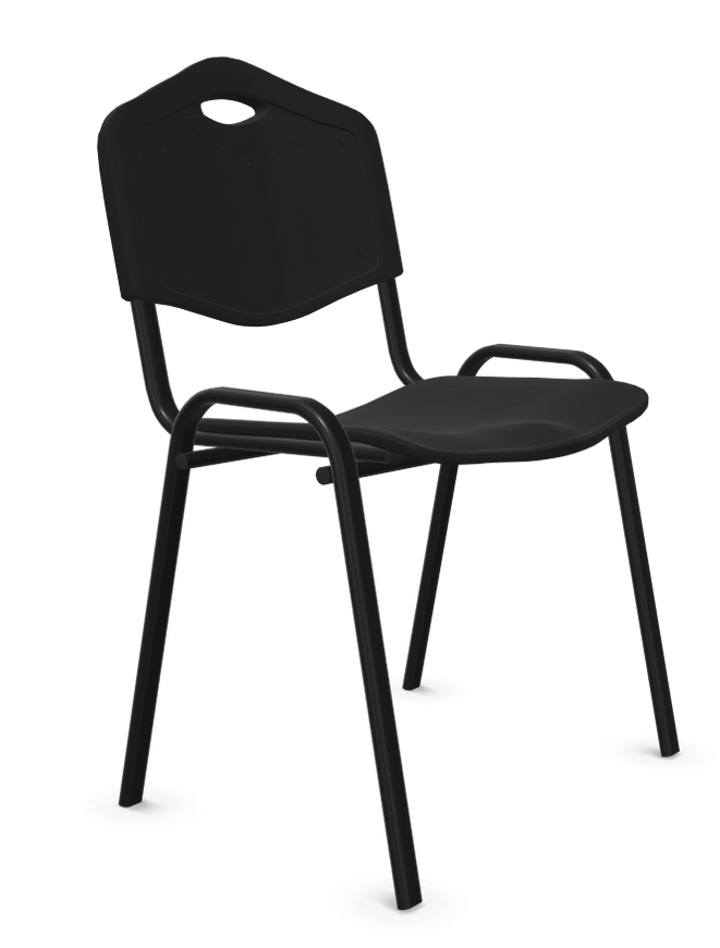 Svart metallstol med sete og ryggstøtte.