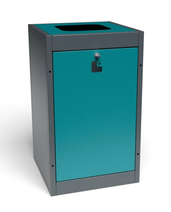 Søppelbeholder i metall i blågrønn og grå farge med rektangulær åpning og frontdør.