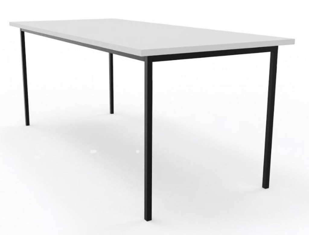 Hvitt rektangulært bord med svarte ben.