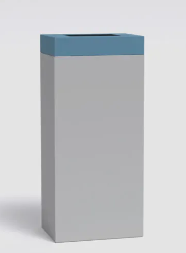Grå rektangulær avfallsbeholder med blå topp.