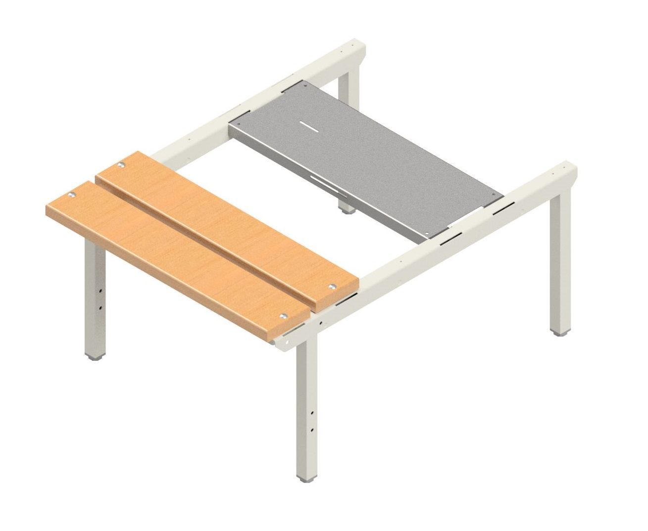 Et lys beige bord med justerbar høyde, treplate på den ene siden og en grå metallplate på den andre.