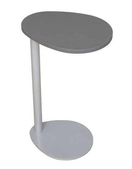 Grått sidebord med rund topp og base, forbundet med en vertikal støtte.