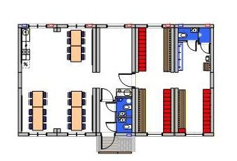 Kontorbåser med skrivebord, stoler og planter. Beige vegger, svarte skrivebord og stoler, og grå søyler.