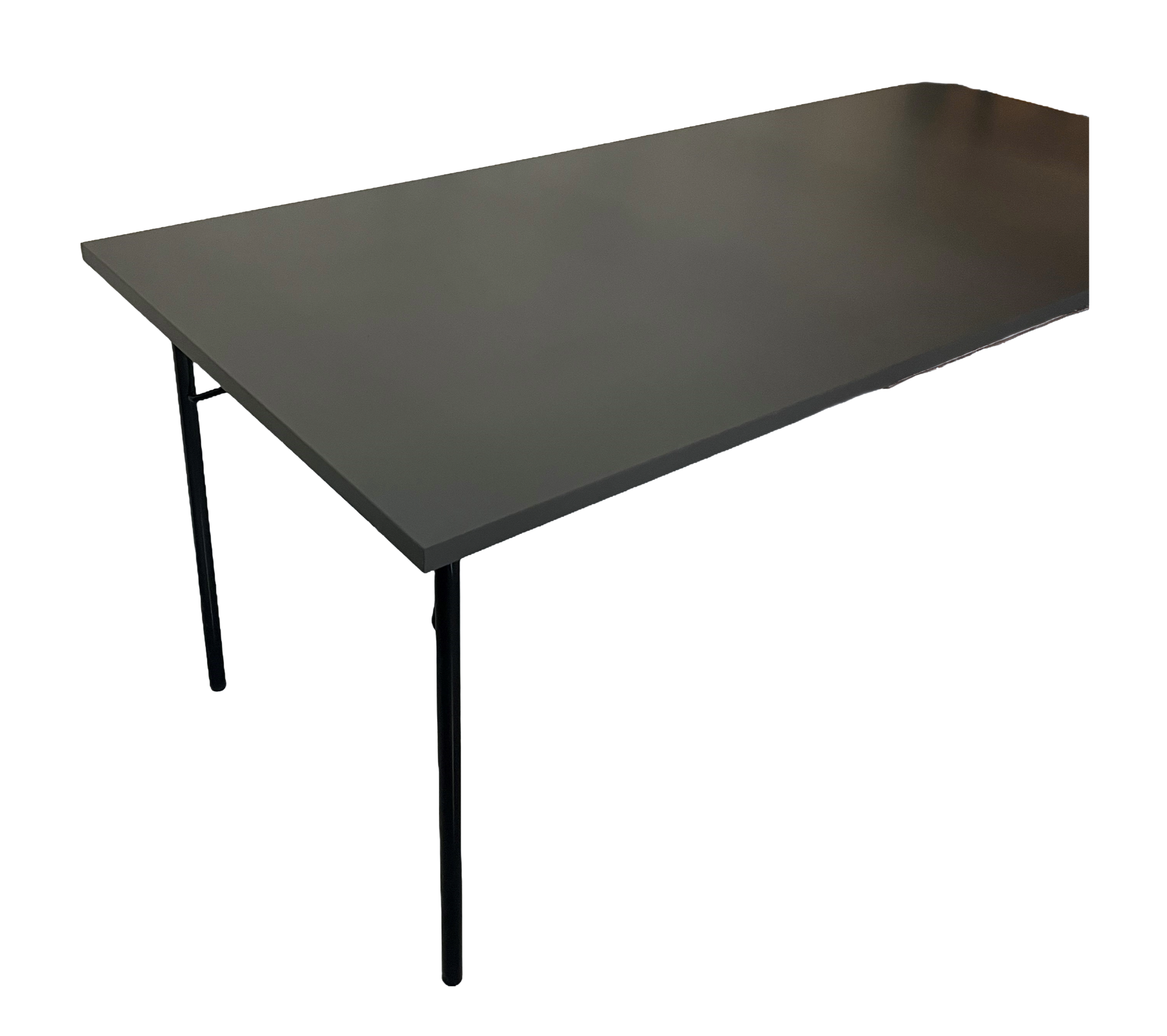 Et mørkegrått rektangulært klappbord med svarte ben, isolert på en hvit bakgrunn.