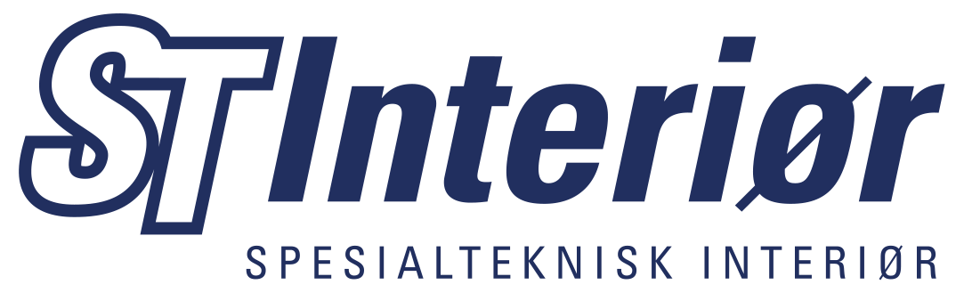 Logoen til «ST Interior» i mørkeblått med teksten «SPESIALTEKNISK INTERIØR» under.