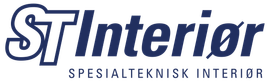 Logoen til «ST Interior» i mørkeblått med teksten «SPESIALTEKNISK INTERIØR» under.