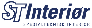 Logoen til «ST Interior» i mørkeblått med teksten «SPESIALTEKNISK INTERIØR» under.