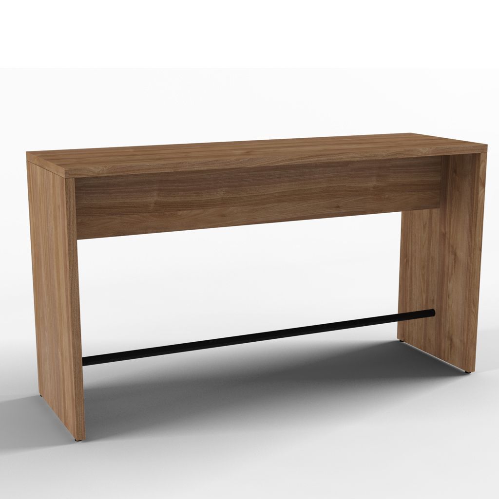 Brunt konsollbord i tre med svart bar, hvit bakgrunn.