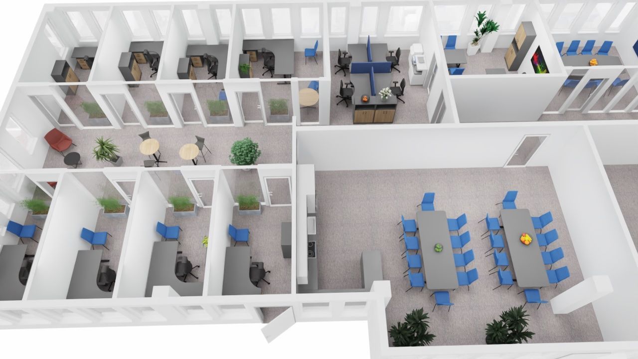 En kontorplanløsning med individuelle kontorer, et konferanserom og pauseområder; blå stoler og nøytrale toner.