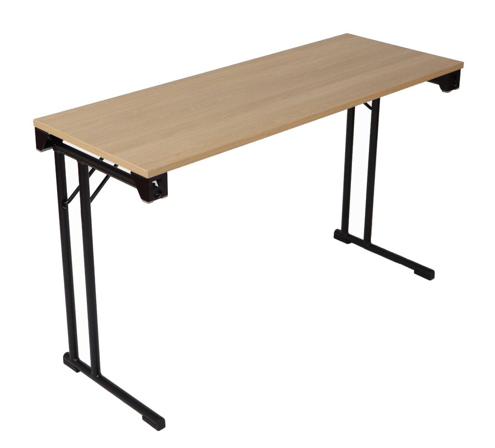 Lysebrunt rektangulært klappbord med svarte ben.