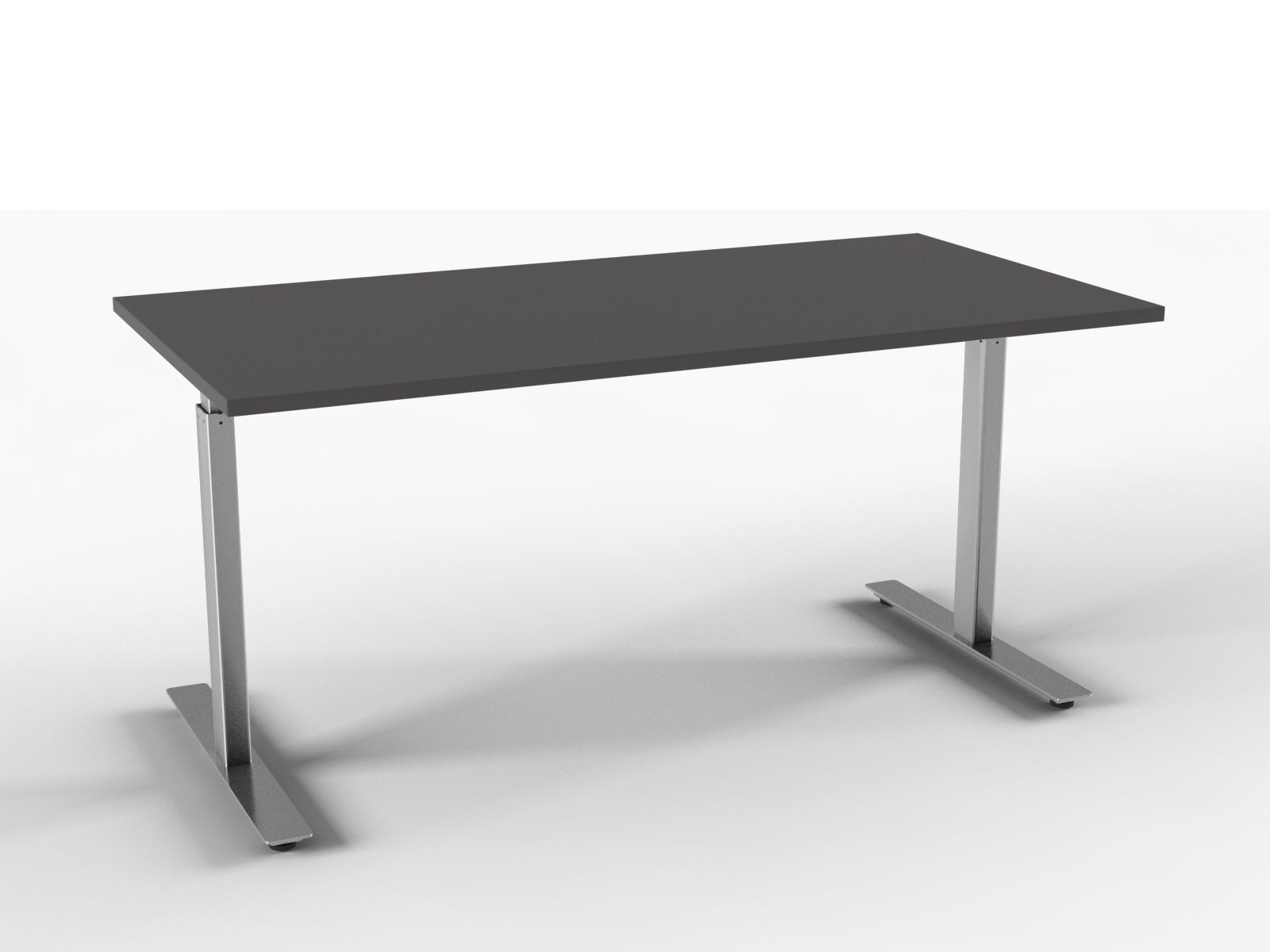 Mørkegrått høydejusterbart skrivebord med sølvfargede ben.