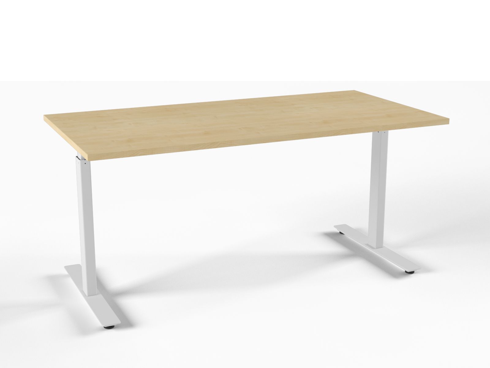 Et høydejusterbart kontorbord med en lys trestrukturplate og hvite ben.