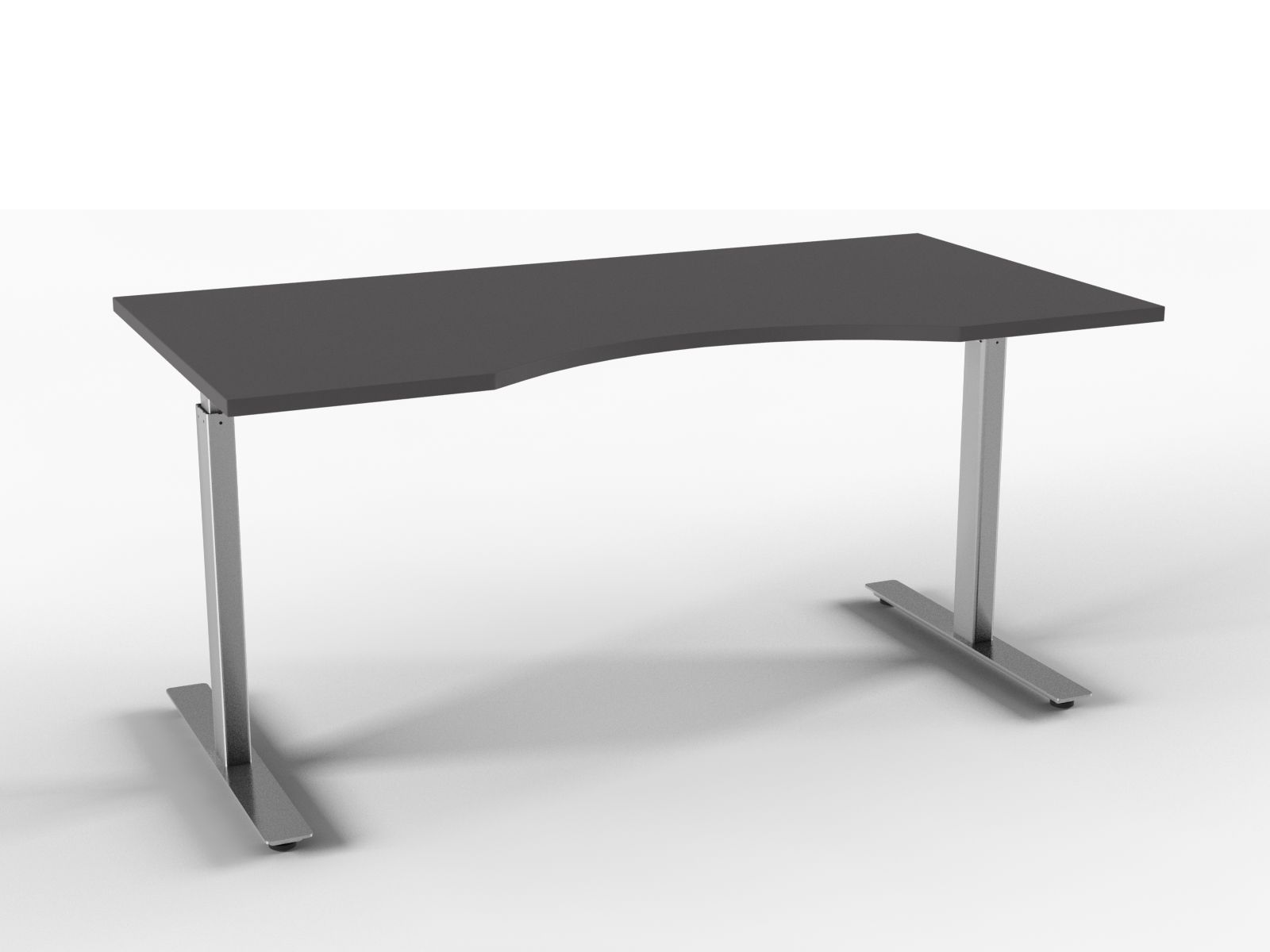 Grått ergonomisk ståbord med sølvfargede ben på hvit bakgrunn.