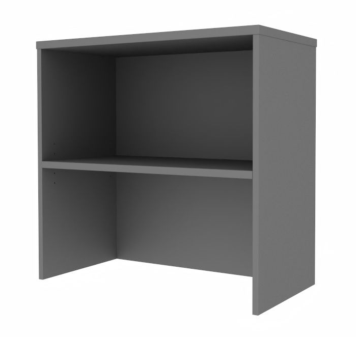 Grått skrivebordsskap med hylle. Topp og sider er lukket.