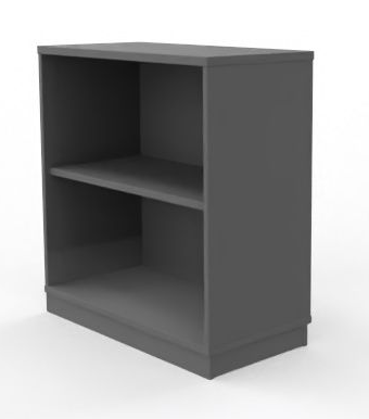 Grå bokhylle med to hyller på hvit bakgrunn.