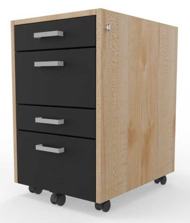 Rullskap med svarte skuffer og trefiberede sider, med sølvhåndtak.