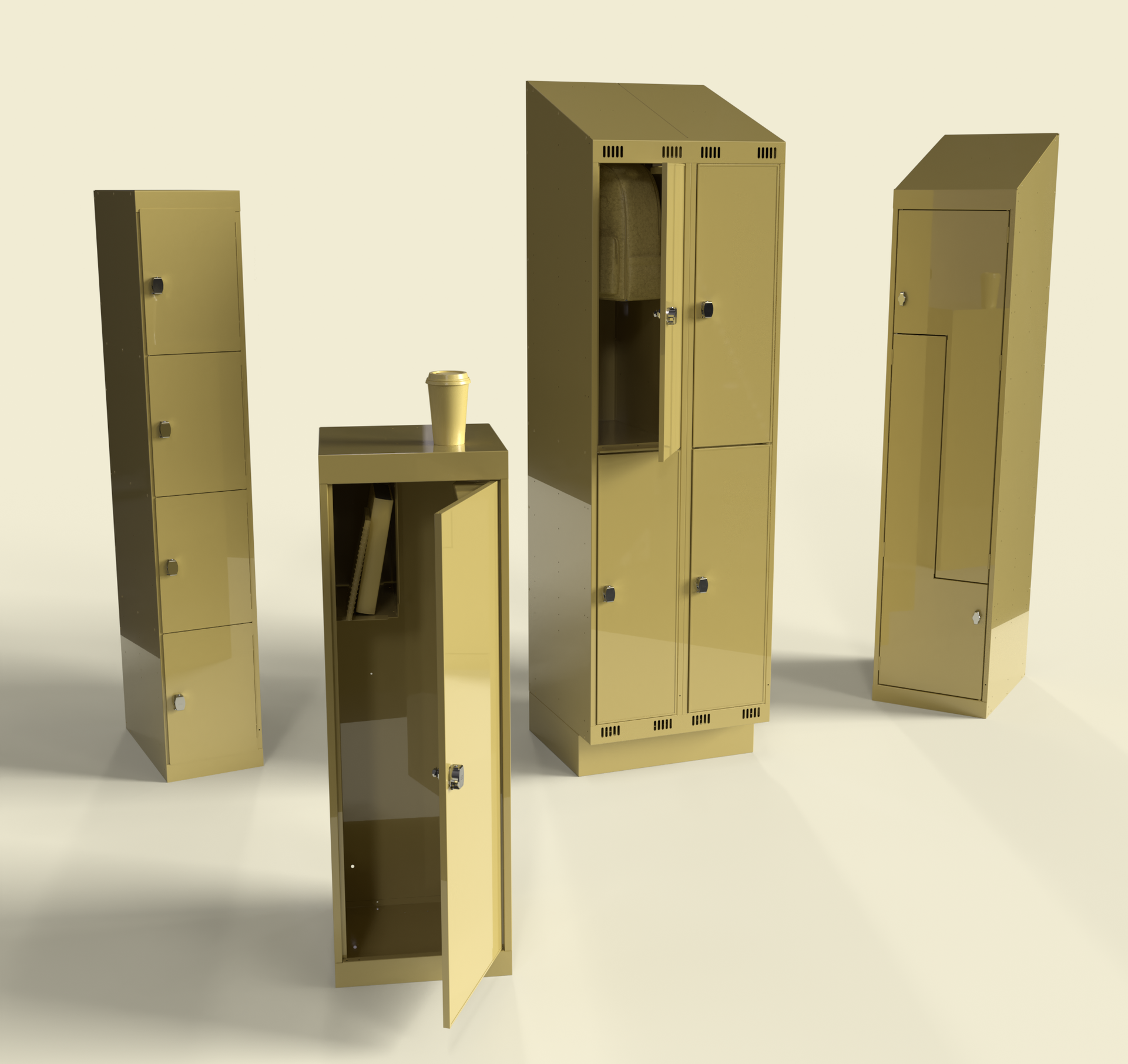 Fire beige skap, ett åpent med gjenstander inni, mot en lys bakgrunn.