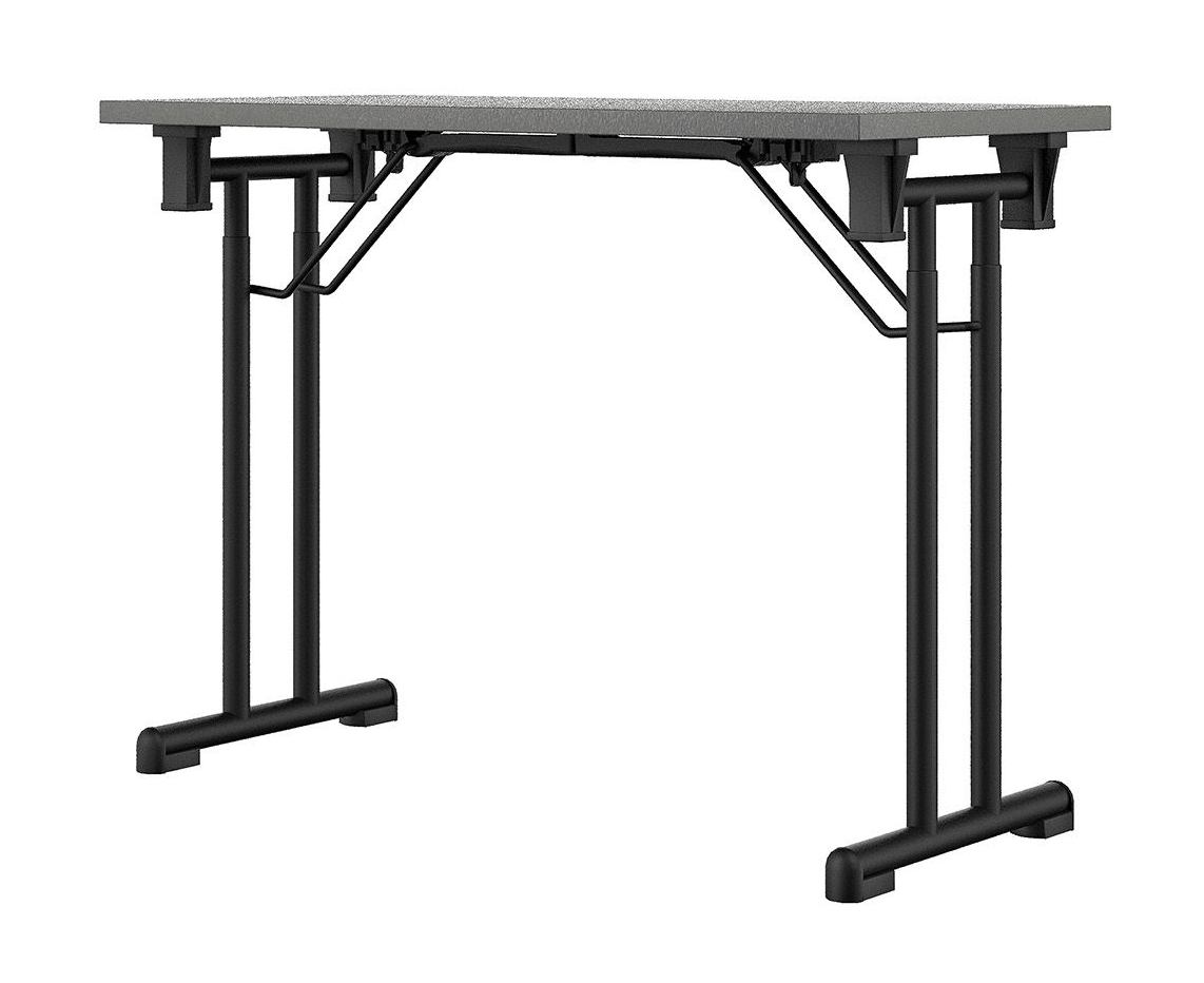 Sammenleggbart bord med grå topp og svarte metallben.