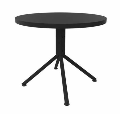 Svart rundt bord med trebent understell.